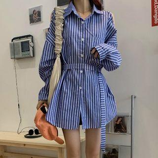 Striped Cold-shoulder Shirt Stripes - Blue - One Size