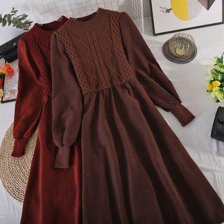 Long-sleeve Cable-knit Panel Midi A-line Dress
