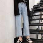 Fray Hem Straight-fit Jeans / Belt / Set