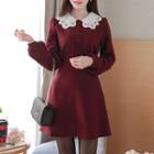 Lace-collar Bishop-sleeve Flare Dress