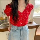 Short-sleeve Heart Print Button-up Blouse