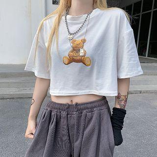 Bear-print Short-sleeve Cropped T-shirt