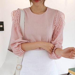 Long-sleeve Lace-trim Fringed Top