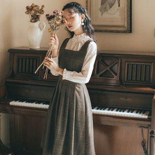 Set: Ruffle Trim Shirt + Sleeveless Plaid Midi Dress