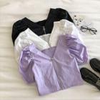Plain Zipper V-neck Puff-sleeve Top