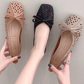 Bow-accent Cutout Square Toe Faux Leather Flats