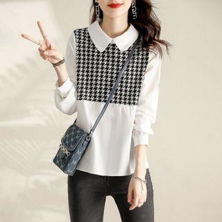Peter Pan Collar Houndstooth Panel Blouse