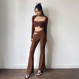 Set: Asymmetrical Long-sleeve Crop Top + Bootcut Pants