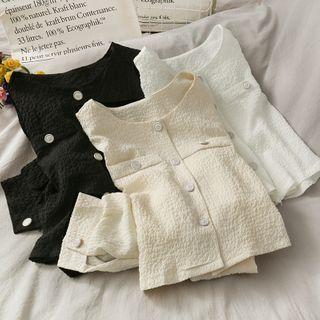 Embossed Crew-neck Crop Blouse