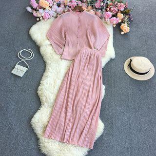 Set: Button-up Blouse + Midi Accordion Pleat Skirt