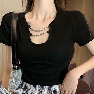 Short-sleeve Chained T-shirt / Tie-dyed Ribbed Wide Leg Pants
