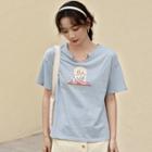 Short-sleeve Flower Print T-shirt Blue - One Size