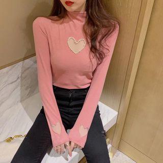 Long-sleeve Faux Pearl Heart Cutout Mock-neck T-shirt