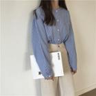 Striped Band Collar Shirt Blue - One Size