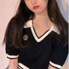 Puff-sleeve Badge Embroidered Polo Knit Top