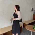 Square-neck Two Tone Pleated A-line Dress