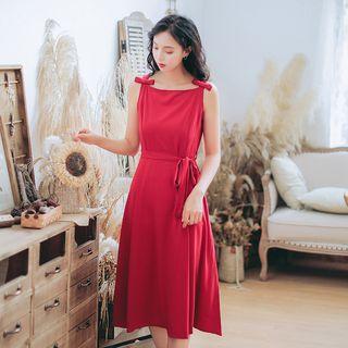 Plain Tie Waist Sleeveless Dress