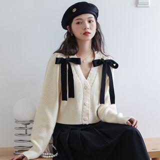 V-neck Bow Cropped Cardigan Almond - One Size