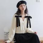 V-neck Bow Cropped Cardigan Almond - One Size