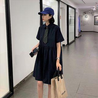 Neck Tie Short-sleeve Shirt Dress