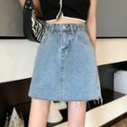 High-waist Frayed A-line Denim Mini Skirt