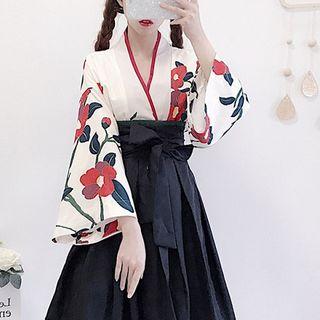 Tie-front Floral Print Wrap Blouse / A-line Skirt / Set