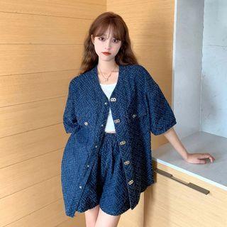 Set: Short-sleeve Denim Jacket + Wide Leg Shorts