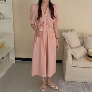 Puff-sleeve V-neck Shirred Midi A-line Dress