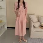Puff-sleeve V-neck Shirred Midi A-line Dress