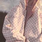 Checkerboard Hooded Fleece-lined Zip-up Jacket