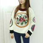 Wool Blend Printed Round-neck Knit Top
