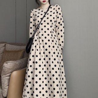 Long-sleeve Dotted A-line Midi Dress Black Dot - White - One Size