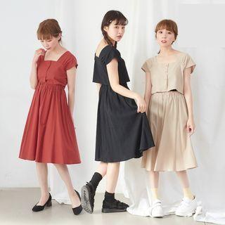 Set: Square-neck Cap-sleeve Cropped Top + Midi A-line Skirt