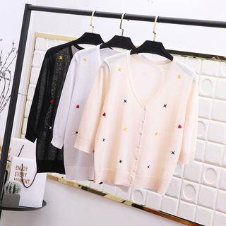 3/4-sleeve Embroidered Pattern Cardigan