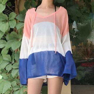 Color Block Hooded Open Knit Sweater