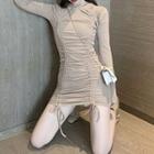 Long-sleeve Hooded Ruched-front Dress