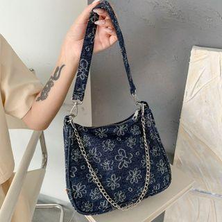 Floral Embroidered Denim Shoulder Bag Blue - One Size