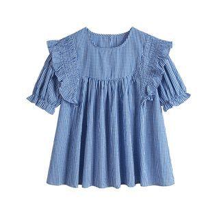 Ruffled Short Sleeve Check Blouse