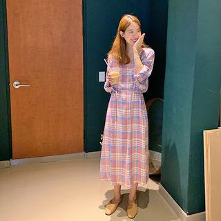 Bishop-sleeve Long Plaid Dress