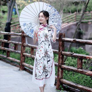 Printed Elbow-sleeve Mandarin Collar A-line Dress