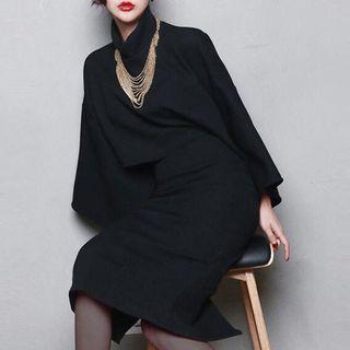 Set: Long-sleeve Turtleneck Crop Top + Slit-back Midi Skirt