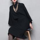 Set: Long-sleeve Turtleneck Crop Top + Slit-back Midi Skirt