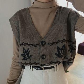 V-neck Leaf Print Buttoned Knit Vest