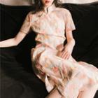 Short-sleeve Mandarin Collar Midi A-line Lace Dress