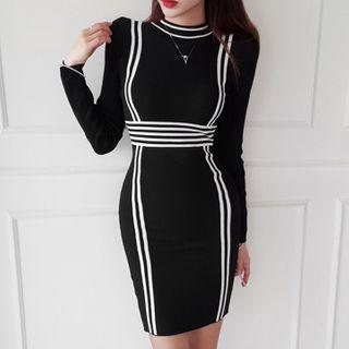 Striped Detail Knit Sheath Dress Black - One Size