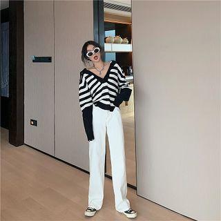 Striped V-neck Knit Top As Figure - One Size