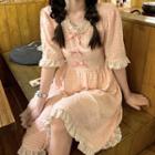 Elbow-sleeve Gingham Ruffled A-line Dress Pink - One Size