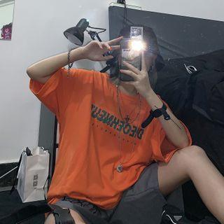 Elbow-sleeve Letter Print T-shirt Tangerine - One Size