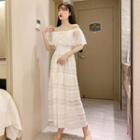 Lace Off-shoulder Midi A-line Dress White - One Size