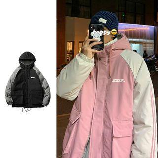 Color-block Hooded Padding Zip Jacket